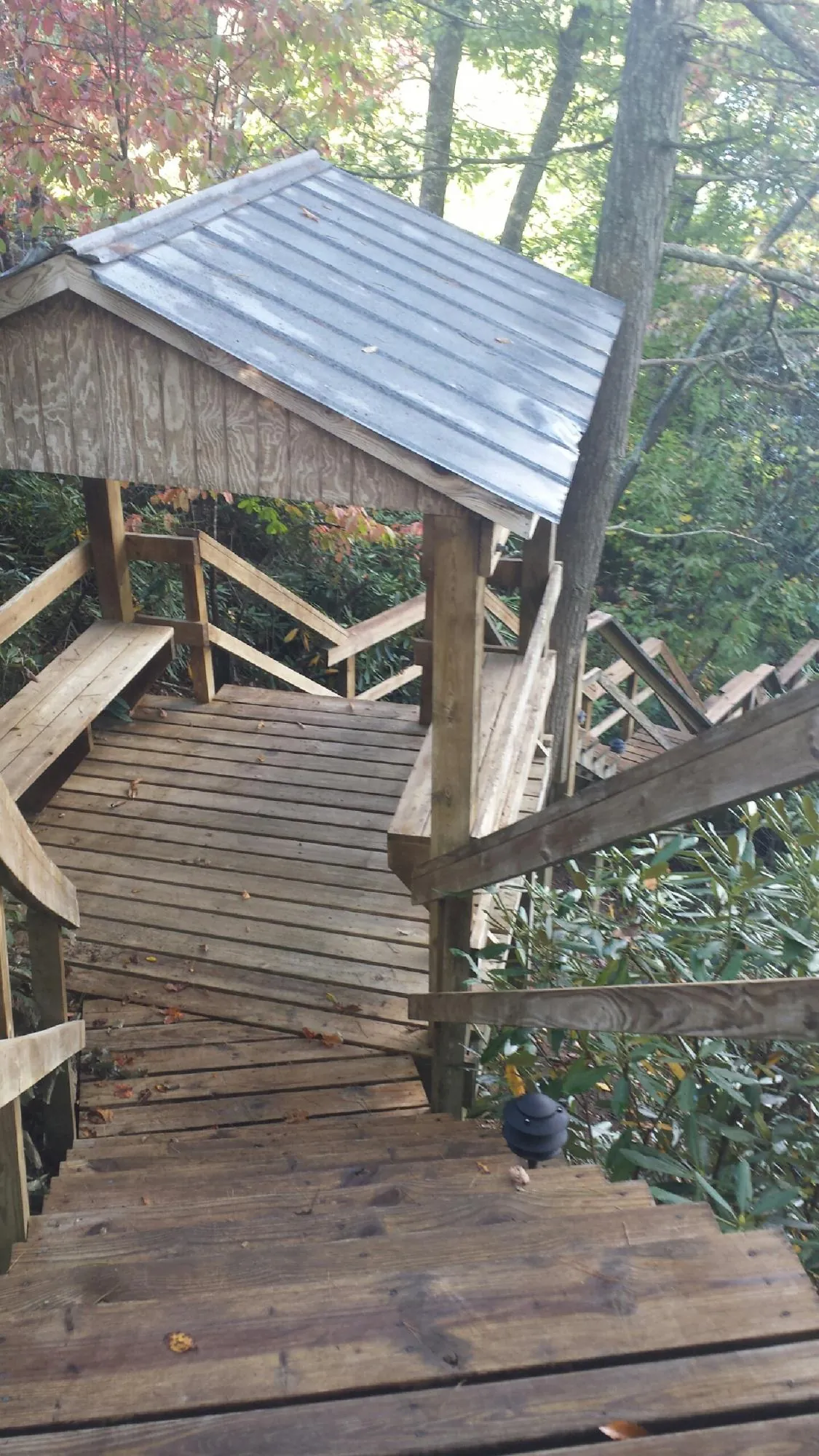 Metal roofed shelter over wooden steps on a wooded walkway — Skylight Repair & Installation work by our crew in Wheatland